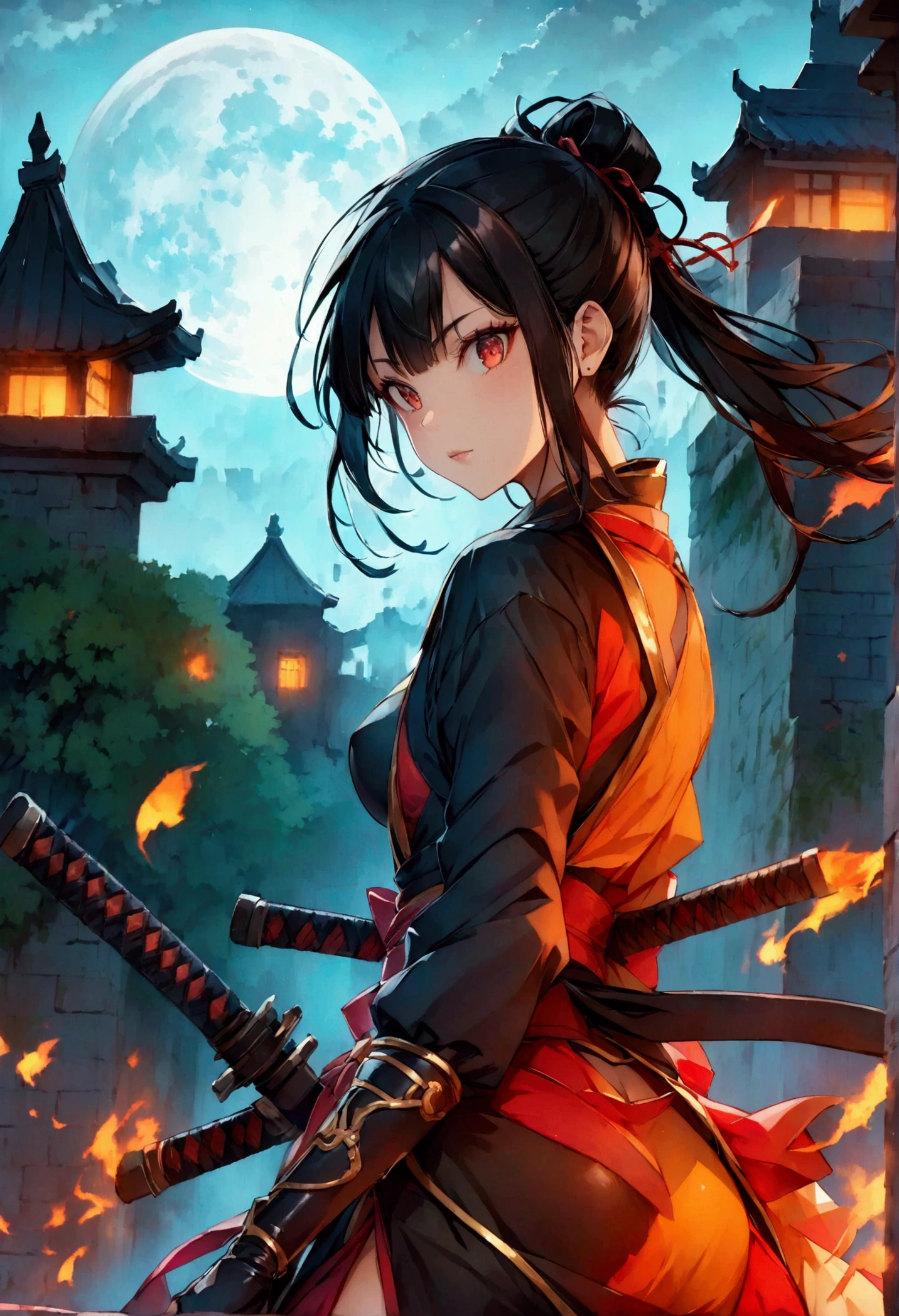 I am creating an illustration of a beautiful Japanese kunoichi. She has black hair and red eyes, and the background features a shining full moon as she dashes across the enemy’s castle walls. Her ninja suit reflects small combat weapons from various places.、running、Fantasy、Colorful ink splashes、sassy、Speed、Uplifting、night、moonlight、Excellent contrast between light and dark