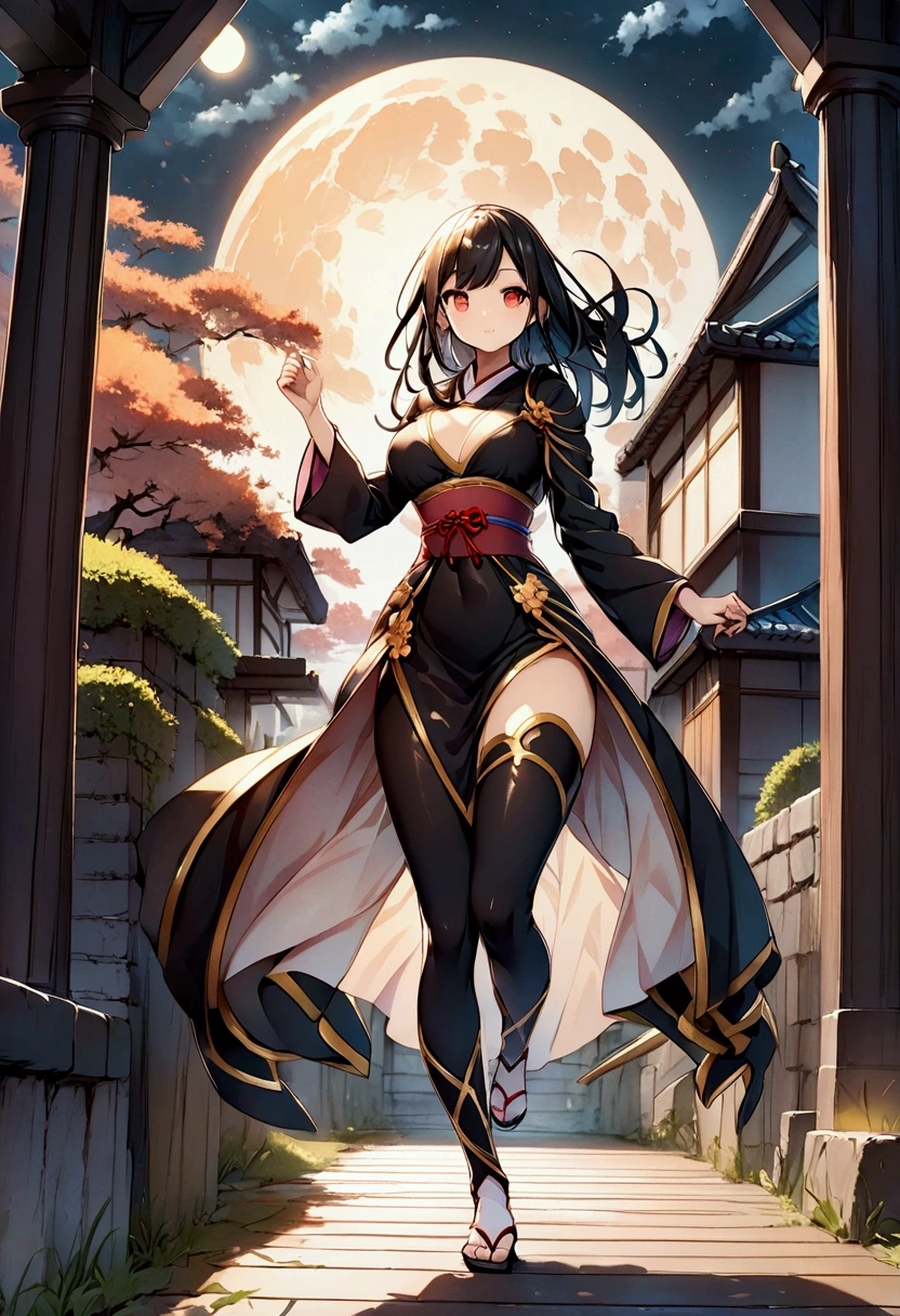 I am creating an illustration of a beautiful Japanese kunoichi. She has black hair and red eyes, and the background features a shining full moon as she dashes across the enemy’s castle walls. Her ninja suit reflects small combat weapons from various places.、running、Fantasy、Colorful ink splashes、sassy、Speed、Uplifting、night、moonlight、Excellent contrast between light and dark