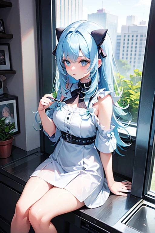 A girl living in the near future,She has light blue hair(Pastel colored hair),Her hair is like a cat's,Wearing headphones,With blue eyes,Wearing an oversized white coat,Wearing a black mini dress,Thighs,Black socks of different lengths,Platform boots,She wields a giant sword,Cyber World,Formula,She might be an android,I'm sitting in a building and looking,A little sad look,Carrying a blue cube,She is strong and kind,high resolution,high quality,