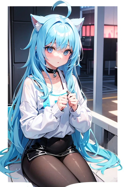 A girl living in the near future,She has light blue hair（Pastel colored hair）,Her hair is like a cat&#39;s,Wearing headphones,With blue eyes,Wearing an oversized white coat,Wearing a black mini dress,Thighs,Black socks of different lengths,Platform boots,She wields a giant sword,Cyber World,Formula,She might be an android,I&#39;m sitting in a building and looking,A little sad look,Carrying a blue cube,She is strong and kind,high resolution,high quality,