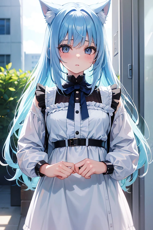 A girl living in the near future,She has light blue hair(Pastel colored hair),Her hair is like a cat's,Wearing headphones,With blue eyes,Wearing an oversized white coat,Wearing a black mini dress,Thighs,Black socks of different lengths,Platform boots,She wields a giant sword,Cyber World,Formula,She might be an android,I'm sitting in a building and looking,A little sad look,Carrying a blue cube,She is strong and kind,high resolution,high quality,