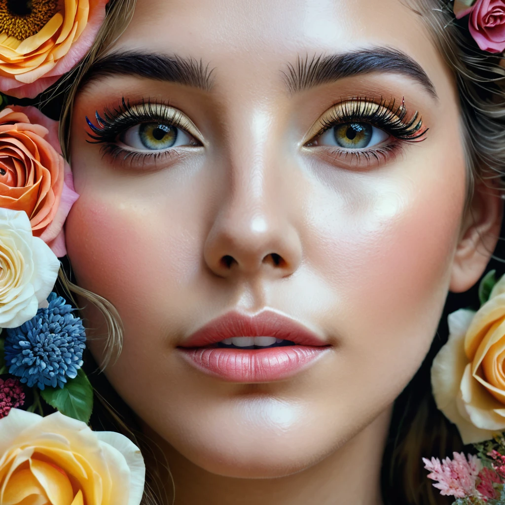a close up of a woman's face with flowers on it, the girl e out of flowers, madf flowers, woman in flowers, flower goddess, beautiful art uhd 4 k, detailed painting 4 k, beautiful intricate face, detailed face ), huge rose flower face, detailed feminine face, art of alessandro pautasso, intricate oil painting artwork, covered with flowers