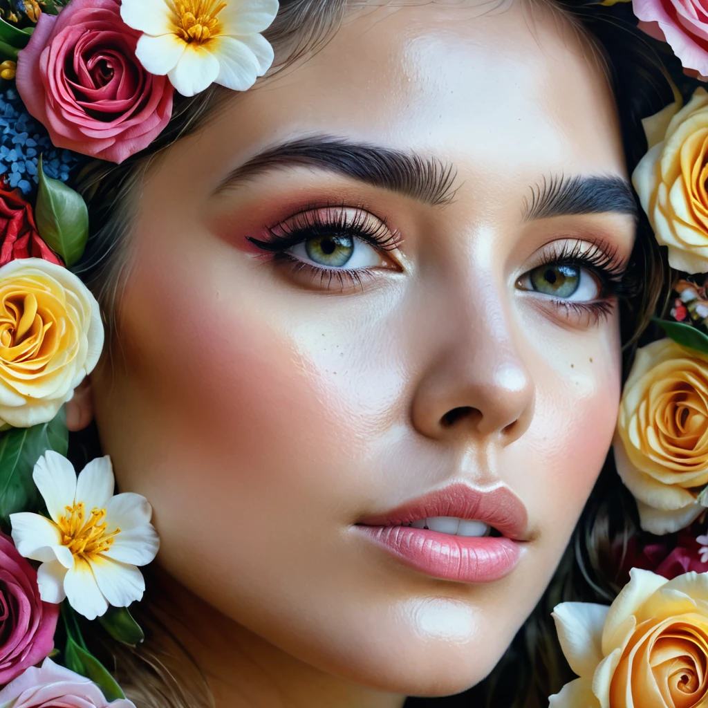 a close up of a woman's face with flowers on it, the girl made out of flowers, made of flowers, woman in flowers, flower goddess, beautiful art uhd 4 k, detailed painting 4 k, beautiful intricate face, detailed face ), huge rose flower face, detailed feminine face, art of alessandro pautasso, intricate oil painting artwork, covered with flowers