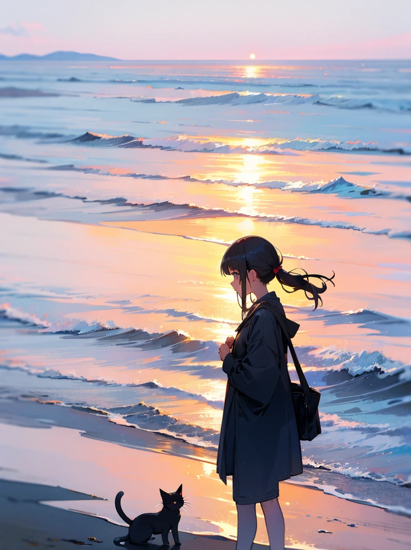 Girl and cat looking at the sea