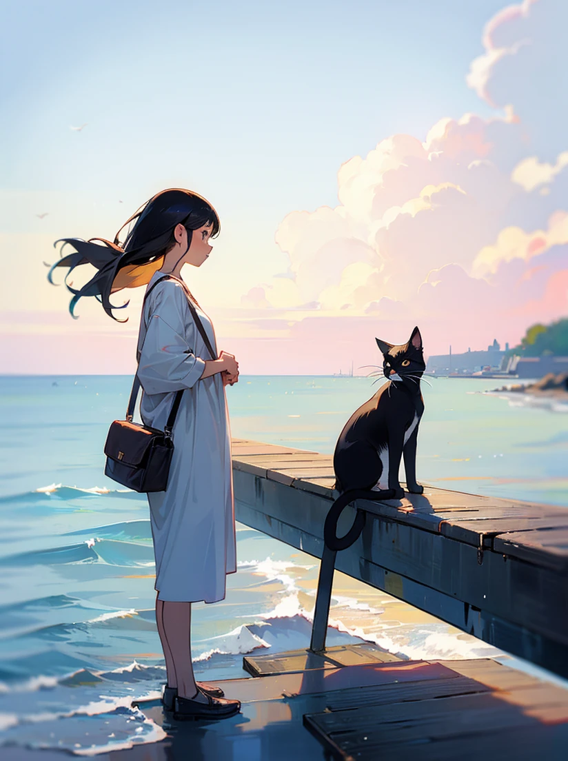 Girl and cat looking at the sea