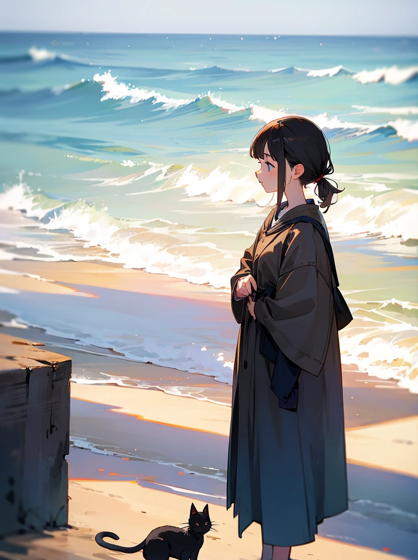 Girl and cat looking at the sea