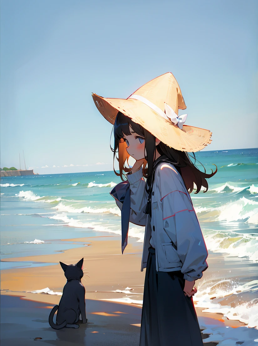 Girl and cat looking at the sea