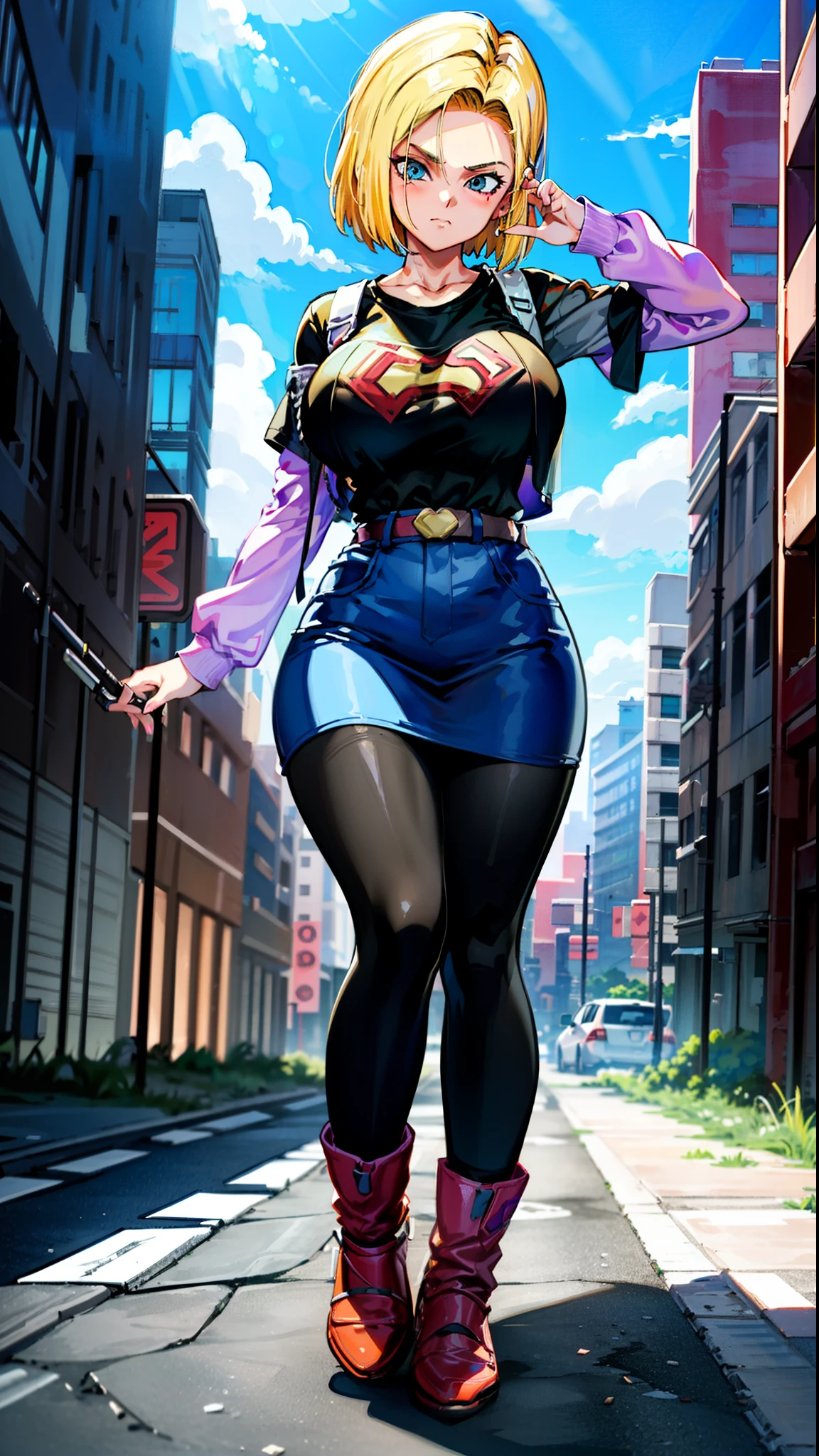 supergirl, pureerosface_v1, sticker of a girl from dc comic, full body, Kim Jung gi, , (gigantic breasts breasts 1.6),soul, digital illustration, comic style, cyberpunk, perfect anatomy, centered, approaching perfection, dynamic, highly detailed, watercolor painting, artstation, concept art, smooth, sharp focus, illustration, art by Carne Griffiths and Wadim Kashin ,, (masterpiece, best quality, ultra-detailed, best shadow),, In the style of Neon Genesis Evangelion, you find yourself standing on a desolate, post - apocalyptic wasteland, as the distant ruins of a massive city loom on the horizon. The sky is filled with ominous clouds, as a massive creature towers in the distance, huge breast, gigantic , titsnipples, curvy, thicc