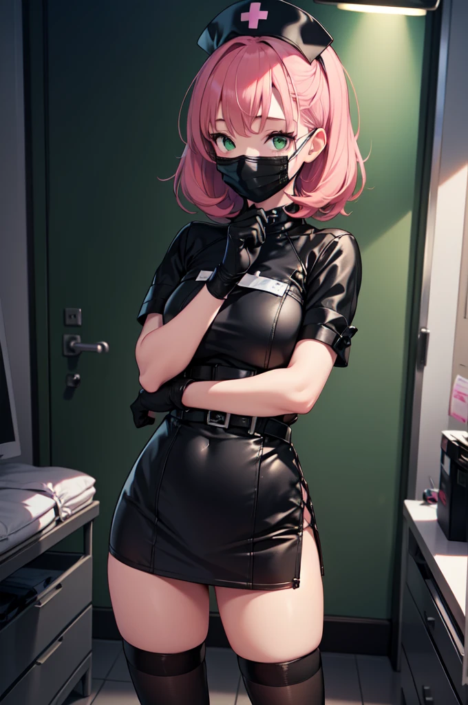 black nurse, 1girl, solo, black nurse cap, black nurse uniform, ((black legwear, zettai ryouiki)), black elbow gloves, pink hair, green eyes, drooping eyes, ((black surgical mask, covered nose)), standing, ((surgery room)), sharp outline, short sleeves, best quality, masterpiece