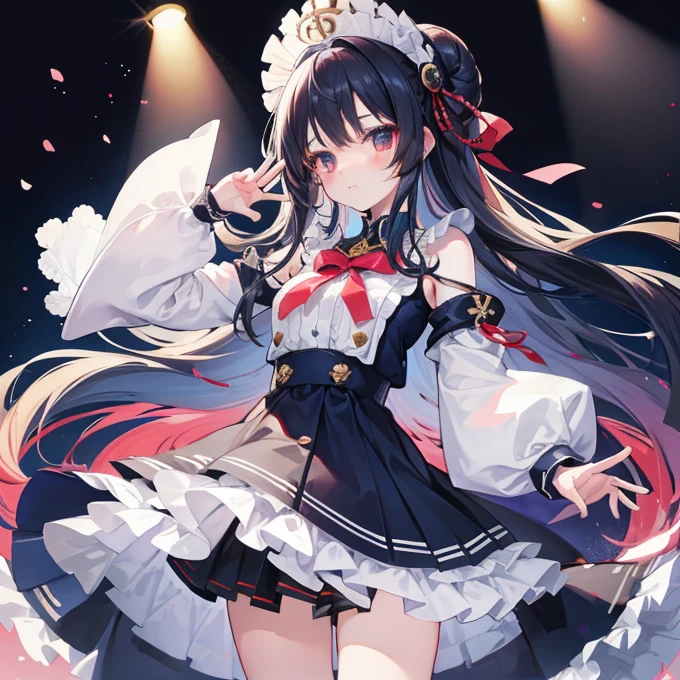 Long navy hair,ta Skirt,Fufu has a very cute face,It's a cute girl,Being on stage