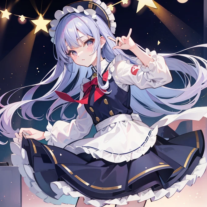 Long navy hair,Lolita Skirt,Fufu has a very cute face,It's a cute girl,Being on stage