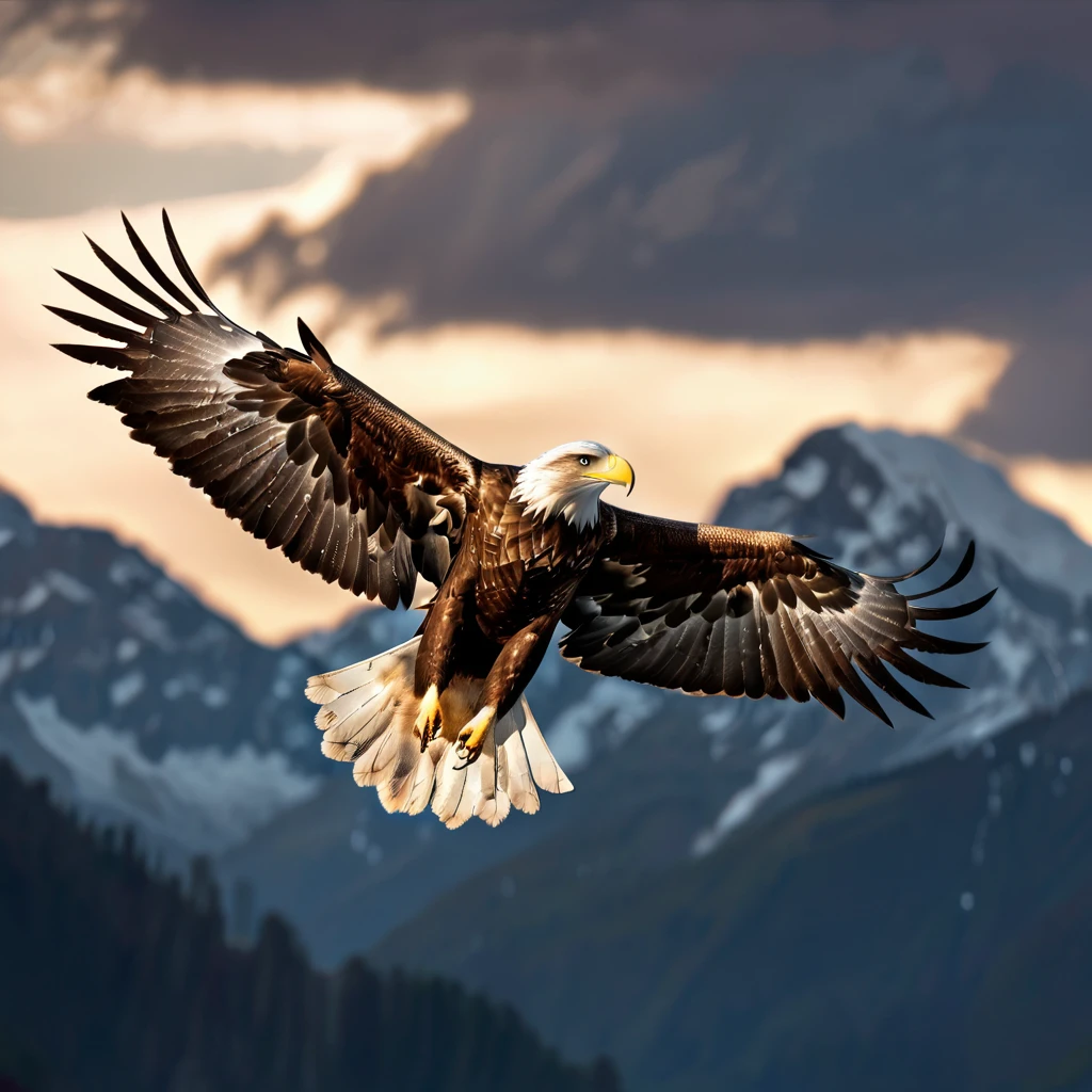A majestic eagle soaring gracefully through the sky, (realistic,photorealistic,photo-realistic:1.37), (best quality,8k,highres,masterpiece:1.2),ultra-detailed, realistic eagle, detailed feathers, powerful wings, golden eyes, sharp beak, brown and white plumage, dramatic lighting, dramatic sky, cinematic composition, vivid colors, stunning landscape, depth of field