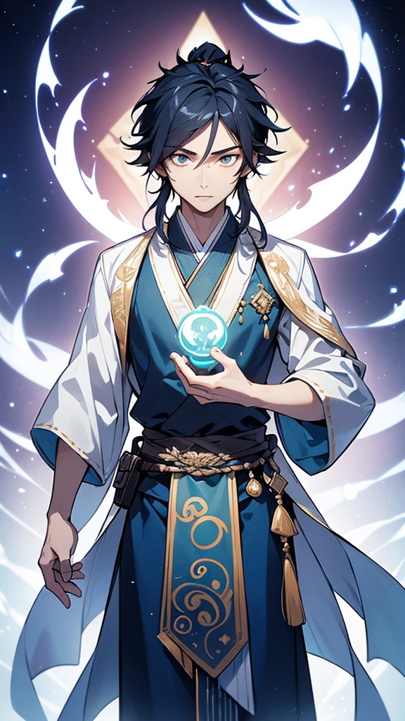 

The protagonist of "Otherworldly Life Assistant God" is a young man in his early twenties, with an aura of calm confidence and intelligence. He has sharp, well-defined facial features, with piercing eyes that hold a hint of mystery and wisdom. His hair is jet black, long, and tied in a loose ponytail, cascading down his back.

He wears traditional Chinese Hanfu attire, with flowing robes in shades of deep blue and silver, embroidered with intricate patterns of mythical creatures and celestial symbols. The robe’s sleeves are wide and elegant, and he has a white sash tied around his waist, holding a small pouch and a jade pendant that glows faintly with a mystical light.

In one hand, he holds an ancient scroll, with mystical runes visible on its surface, suggesting his role as a knowledgeable assistant to divine beings. His other hand is outstretched, summoning a swirl of ethereal light and magical symbols that float around him, indicating his mastery of supernatural powers.

The background depicts a serene and mystical landscape, with towering mountains, a clear sky filled with twinkling stars, and floating islands in the distance, adding to the otherworldly atmosphere. The overall aspect ratio should be 9:16 to fit a wallpaper format.