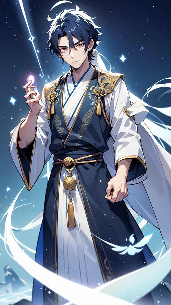The protagonist of "Otherworldly Life Assistant God" is a young man in his early twenties, with an aura of calm confidence and intelligence. He has sharp, well-defined facial features, with piercing eyes that hold a hint of mystery and wisdom. His hair is jet black, long, and tied in a loose ponytail, cascading down his back.
He wears traditional Chinese Hanfu attire, with flowing robes in shades of deep blue and silver, embroidered with intricate patterns of mythical creatures and celestial symbols. The robe’s sleeves are wide and elegant, and he has a white sash tied around his waist, holding a small pouch and a jade pendant that glows faintly with a mystical light.
In one hand, he holds an ancient scroll, with mystical runes visible on its surface, suggesting his role as a knowledgeable assistant to divine beings. His other hand is outstretched, summoning a swirl of ethereal light and magical symbols that float around him, indicating his mastery of supernatural powers.
The background depicts a serene and mystical landscape, with towering mountains, a clear sky filled with twinkling stars, and floating islands in the distance, adding to the otherworldly atmosphere. The overall aspect ratio should be 9:16 to fit a wallpaper format.