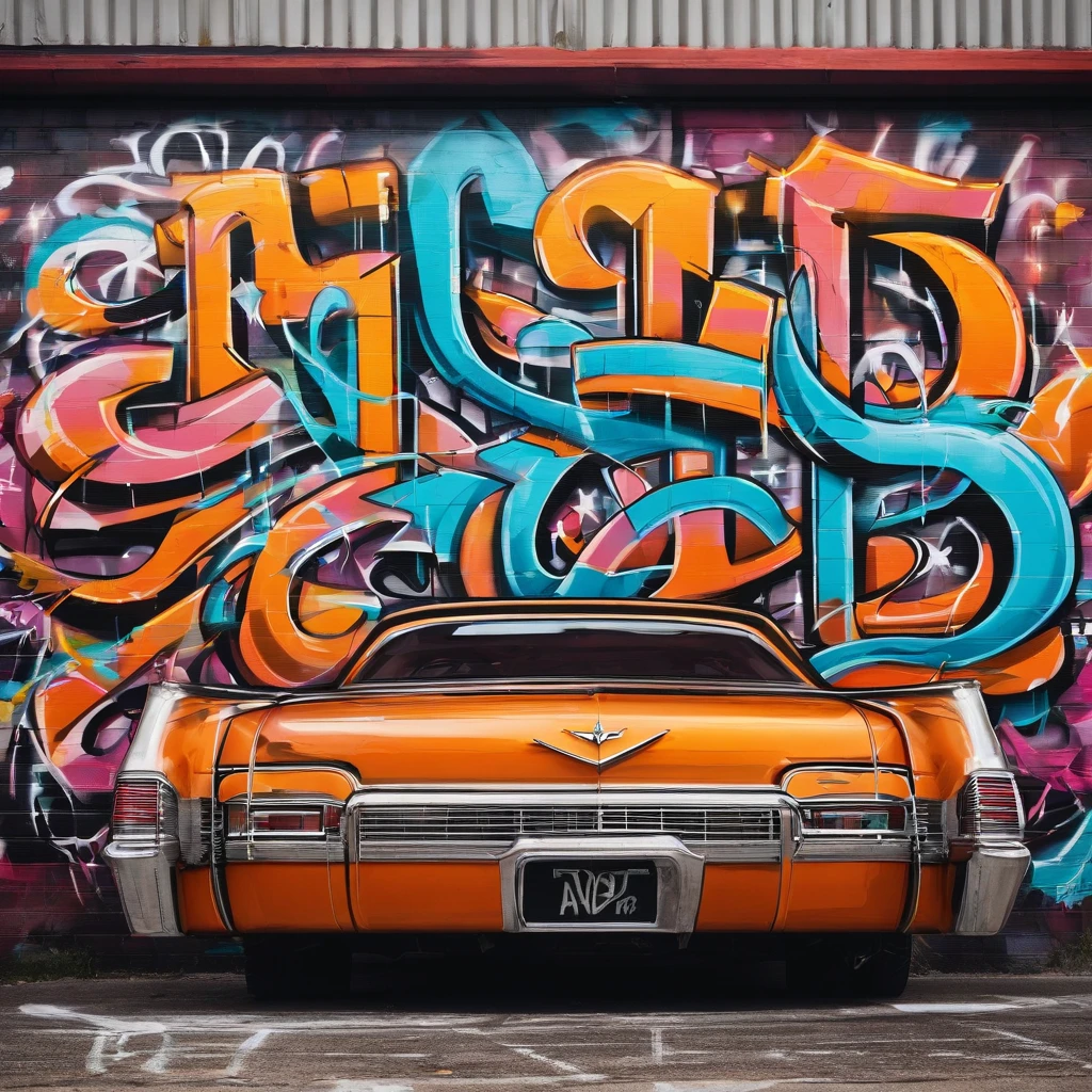 In front of the wall with JUN written in big letters, I want to generate an illustration of a '59 Impala!