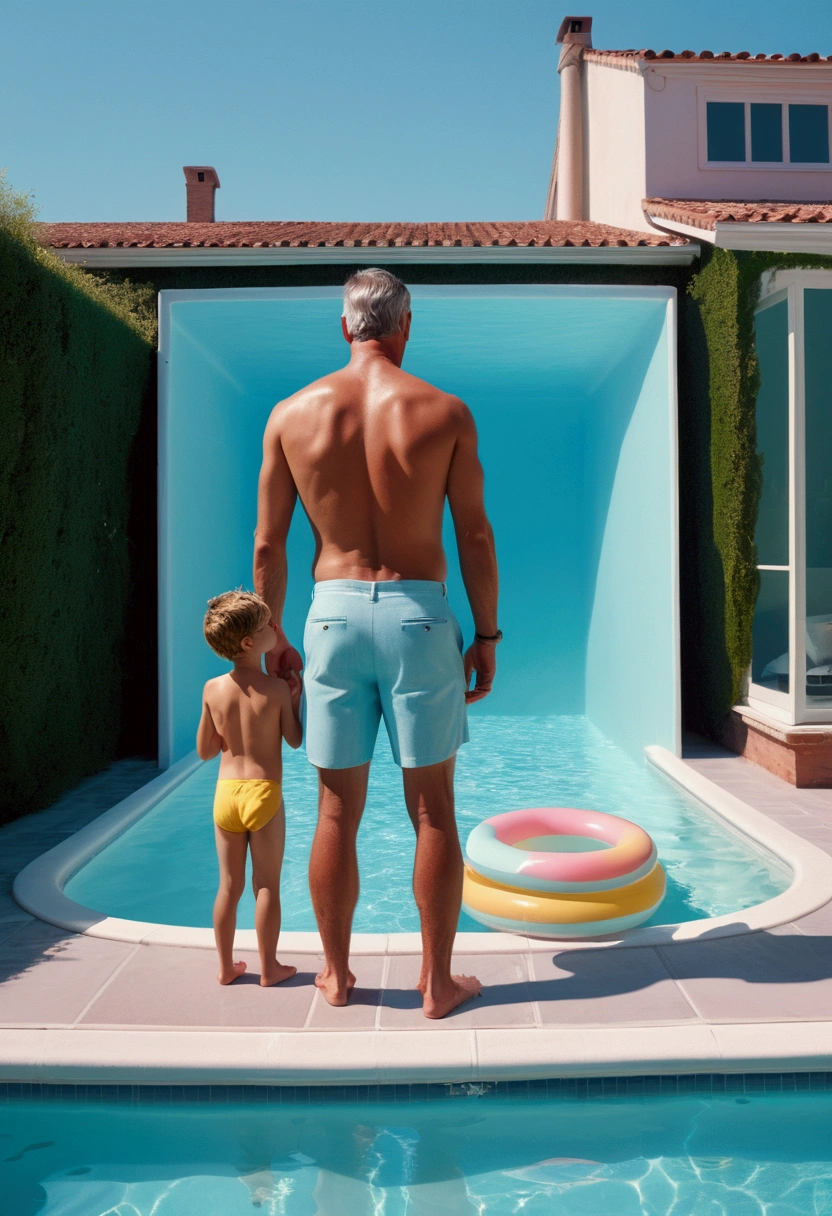 Pool parties, Dad and Son, by massimo vitali and Brandon Woelfel, full body, best quality, masterpiece, very aesthetic, perfect composition, intricate details, ultra-detailed, vivid colors