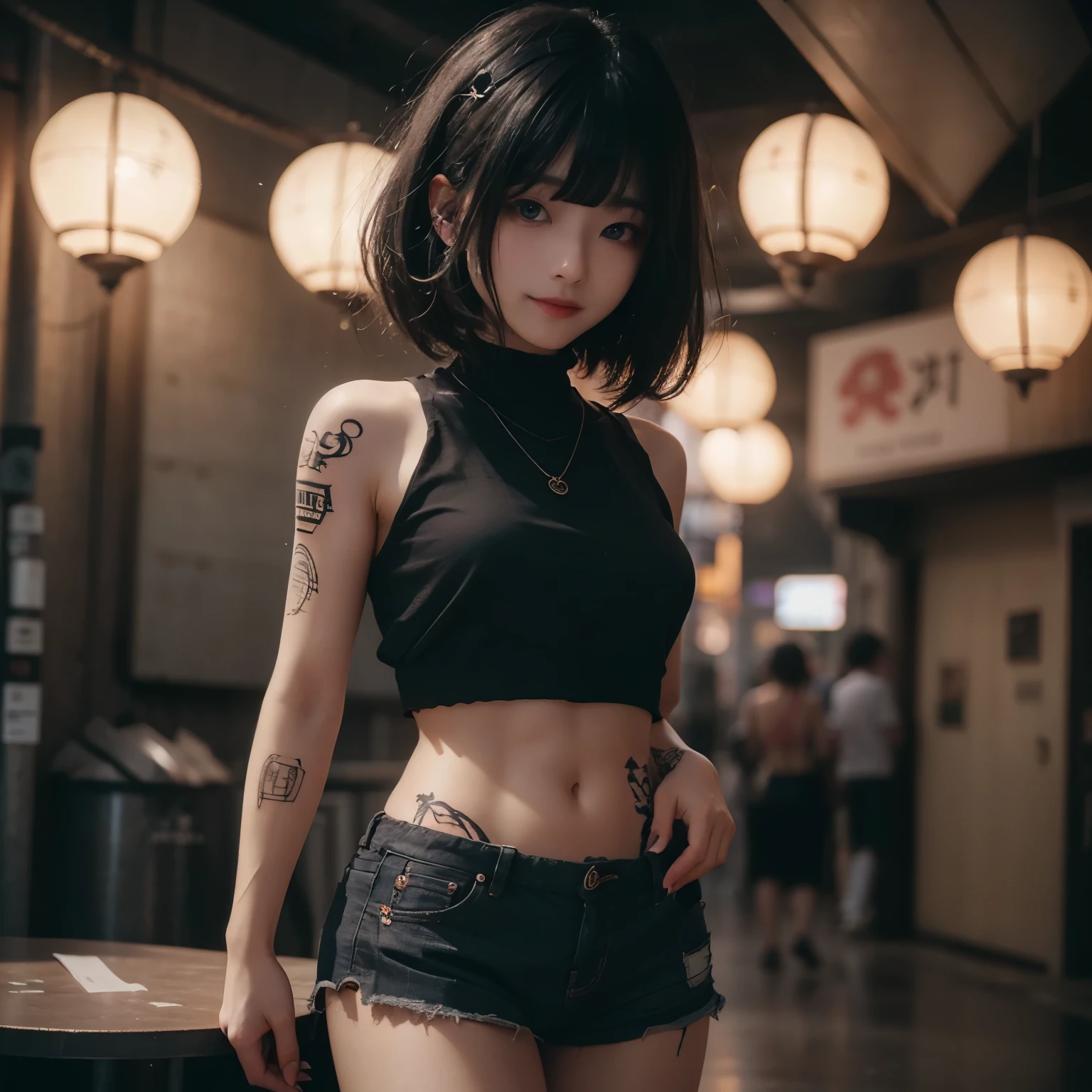 (night, Soft lighting, Highest quality, 8K, masterpiece, RAW Photos: 1.3) close-up portrait of woman with tattoo arms and top, ((tattoo body young girl, ink, tattoo, tattoo body:1.2)), 2 4--old female model, (black short t-shirt and mini skirt slit,) light brown hair, neckless, body piercing, short bob hairstyle, Half naked, Disheveled clothing, tattoo, Wearing a sexy crop top, Sexy girl in shorts, Tight waist, beautiful abdomen, ever small midriff, Very detailed, Intricate details, Very detailed face and skin, Under boob, The body is slim, Fine grain, Realistic, compensate, intellectual, Fascinating, Beautiful standing posture, small, in city, Invincible Smile, full body  