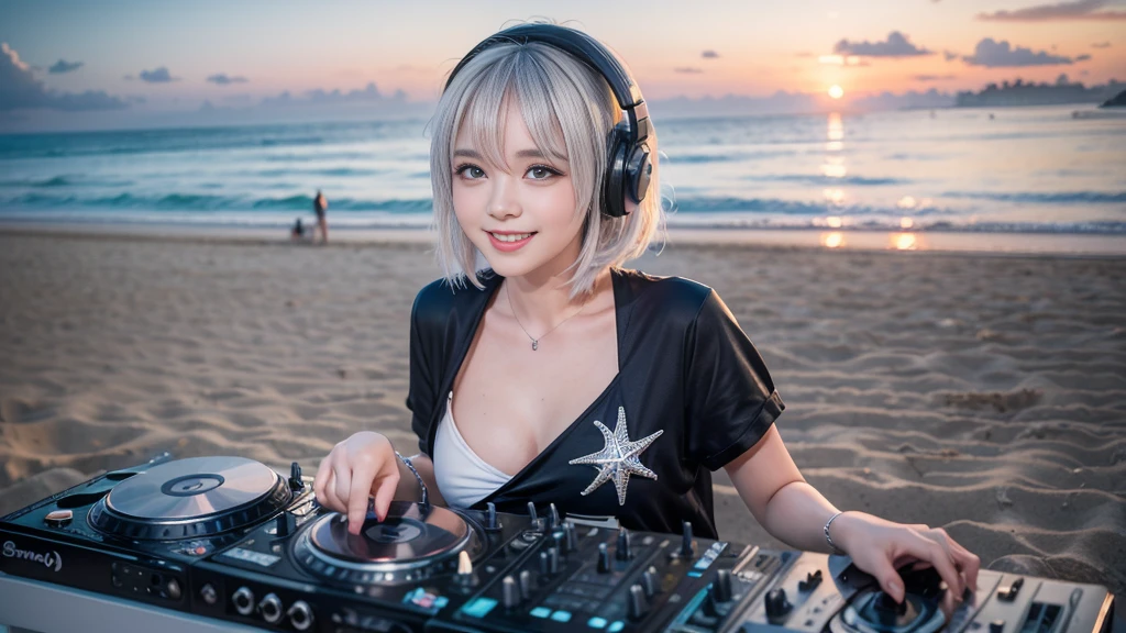 (ultra - detailed, 16K resolution, Cinema lenses, rendering by octane), (high resolution:1.18), intricate detail, (masterpiece:1.1), (highest quality:1.1), (1girl, portrait, white hair, blue eyes, short hair, detailed eyes),Wearing silver DJ headphones, sequined T-shirt, (in the beach:1.5), (Iconic hip-hop pop costumes:1.3), Smile while DJing on stage, DJ studio next to the beach, ((A stylish DJ stage on a hill overlooking the beach)), full body shot, Photorealistic photography by Sunshine, (cute round face:1.3), perfect fingers, five fingers, beautiful hands, perfect hands. master peace, cute smile.