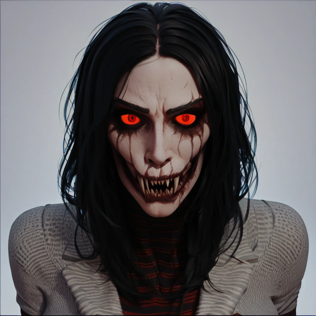 a demon of black shadows with red eyes who runs towards the camera in a horror film effect and is scary