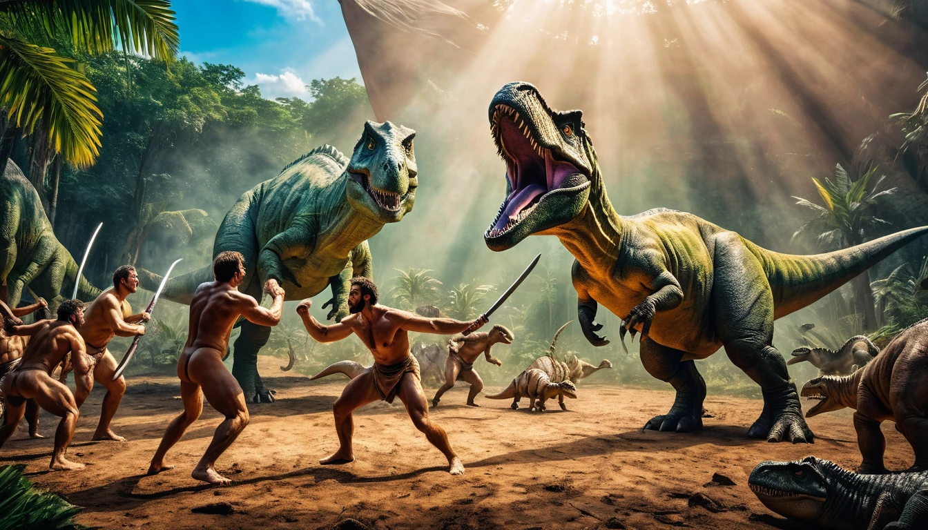 panoramic image, Men in loincloths and dinosaurs fighting each other, epic, masterpiece, vivid colors, perfect lighting, vibrant, high detailed