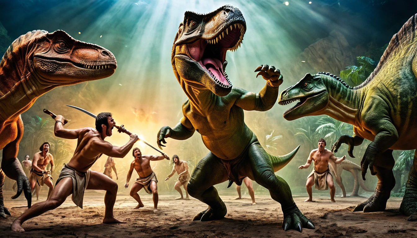panoramic image, Men in loincloths and dinosaurs fighting each other, epic, masterpiece, vivid colors, perfect lighting, vibrant, high detailed