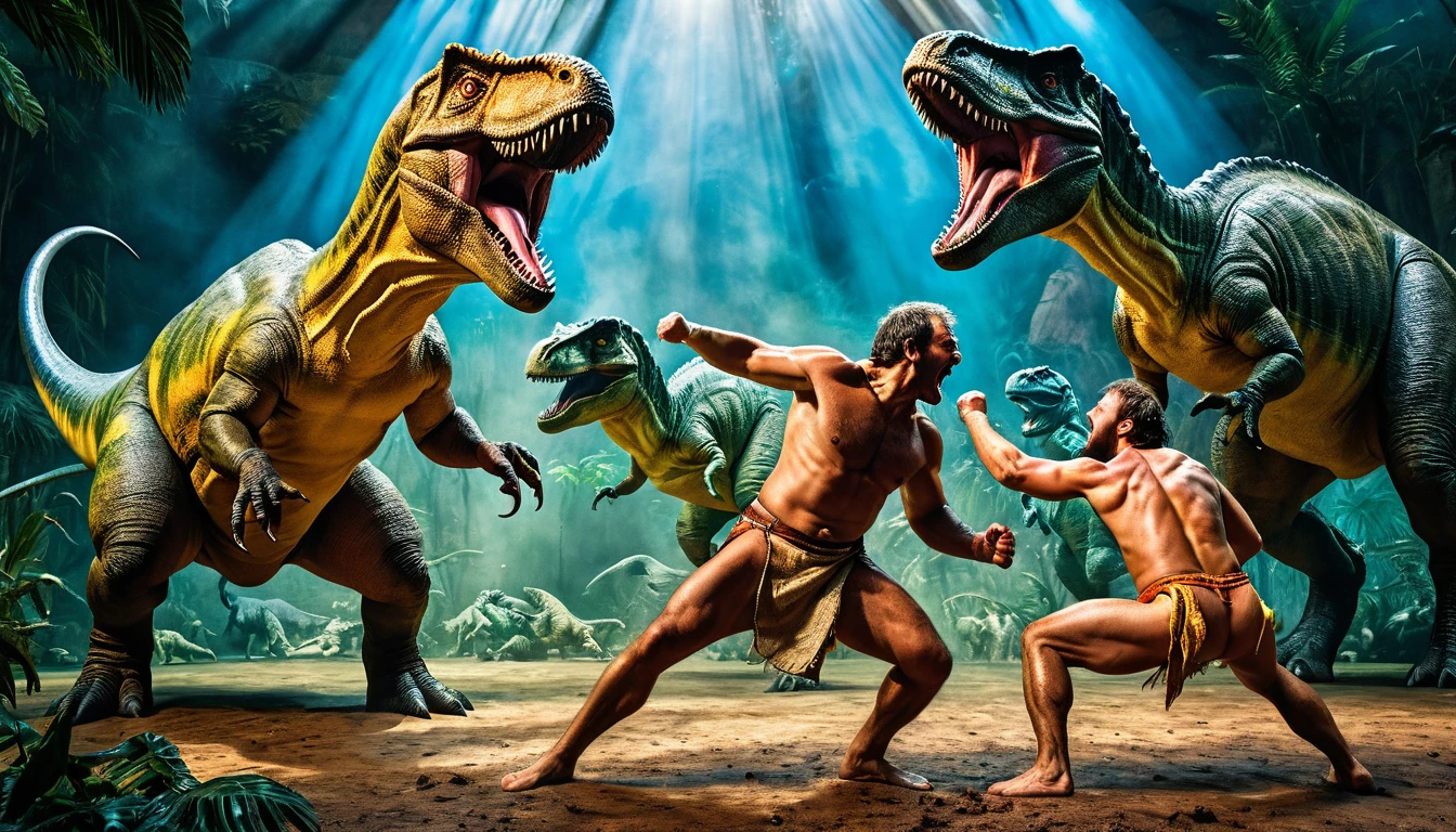 panoramic image, Men in loincloths and dinosaurs fighting each other, epic, masterpiece, vivid colors, perfect lighting, vibrant, high detailed