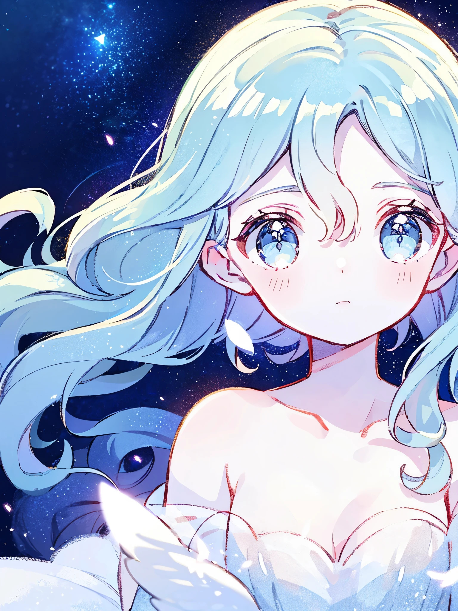 nude angel girl wearing an ethereal translucent dress, pale skin, ((blue mint wavy hair)), white feathers, angel wings, sparkling detailed eyes, golden ratio face, perfect composition, highly detailed, ethereal, (starry night sky background), midjourney style