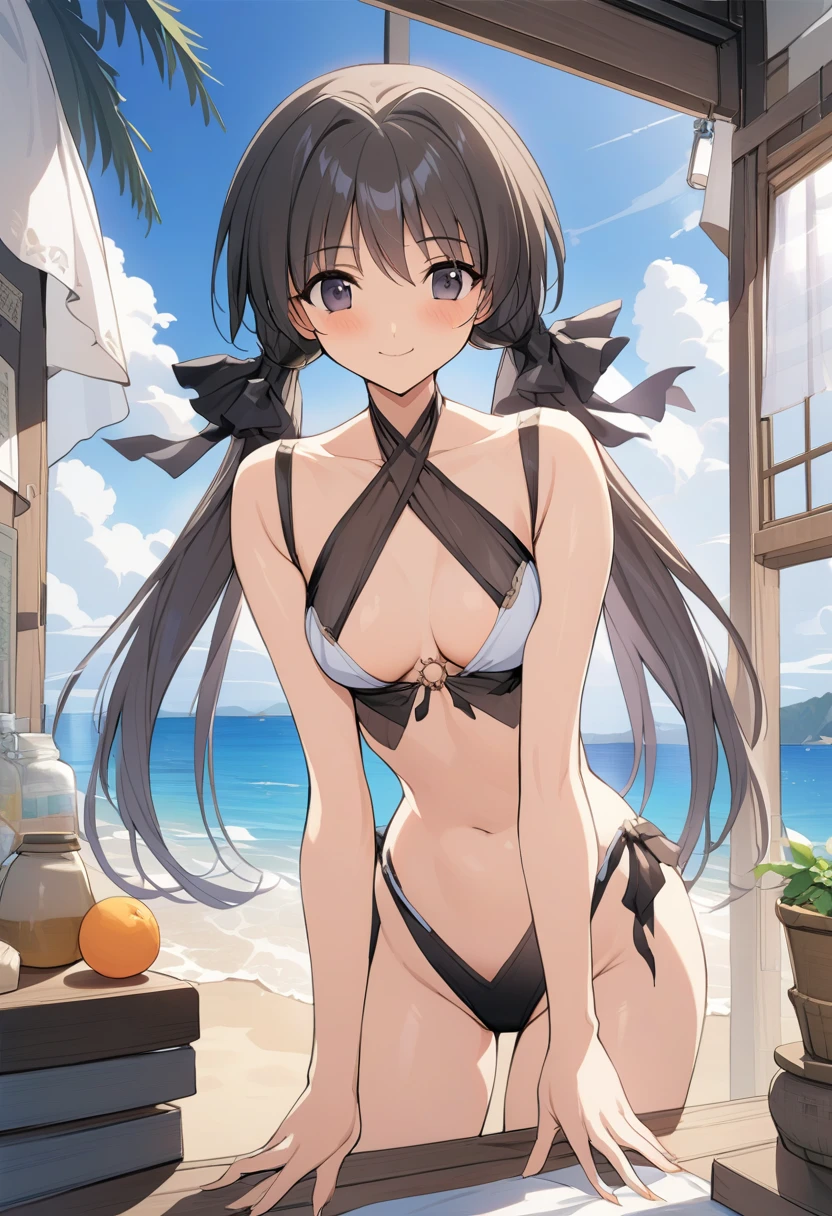 One girl,Hotaru、Gentle expression、smile、Ocean、blue sky、Sandy Beach、Sexy pose、Sexy costume、A complete depiction of the human body、masterpiece, Highest quality, Game CG, ultra detailed、highres、extremely detailed CG