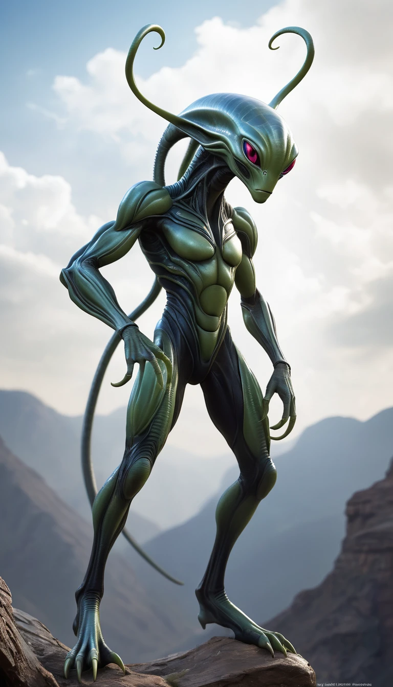 repitilian, alien, with three fingers, without tail, strong legs, fragile arms, 3 to 4 meters tall