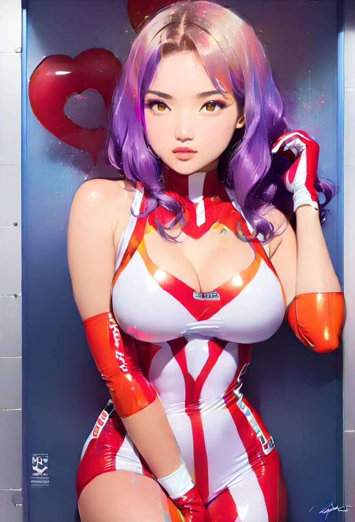 1 girl, fair_skin, (white long hair), large ass, (wearing red latex suit), full lips, pretty long eyelashes, pretty eyebrows, soft looking skin, realistic background, masterpiece, wearing diamond earrings, looking at viewer, blue eyes, facing the viewer, lower angle
