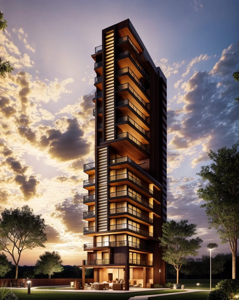 Hotel and resort park with Zaha Hadid style 7-story tower with wood and metal texture, hotel with infinity pool, rural landscape with cattle farm at dusk in high quality, 8k UHD