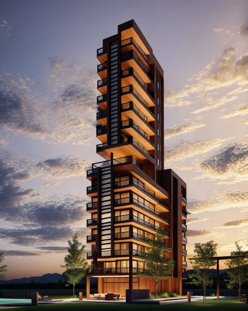 Hotel and resort park with Zaha Hadid style 7-story tower with wood and metal texture, hotel with infinity pool, rural landscape with cattle farm at dusk in high quality, 8k UHD