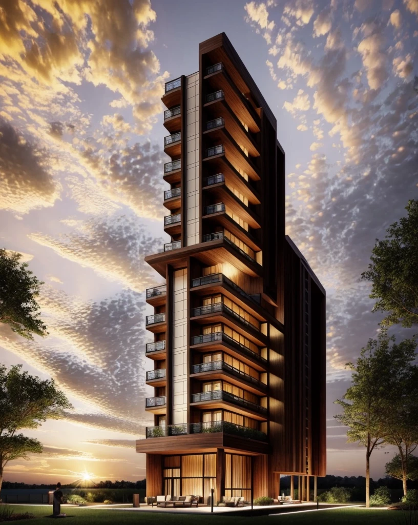 Hotel and resort park with Zaha Hadid style 7-story tower with wood and metal texture, hotel with infinity pool, rural landscape with cattle farm at dusk in high quality, 8k UHD