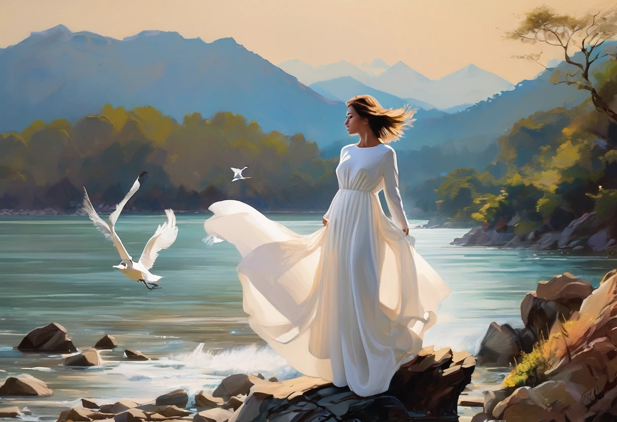 colours chromatic A serene scene captured in this image showcases a woman in a flowing white dress standing gracefully on a rock. In the background, a wild bird is perched, adding a touch of nature to the composition. The color palette includes shades of black, white, and earth tones, creating a harmonious and calming atmosphere. The image evokes a sense of peace and tranquility, with the woman exuding elegance and poise. The setting appears to be outdoors, under a clear sky. Overall, it is a picturesque moment captured in a single frame