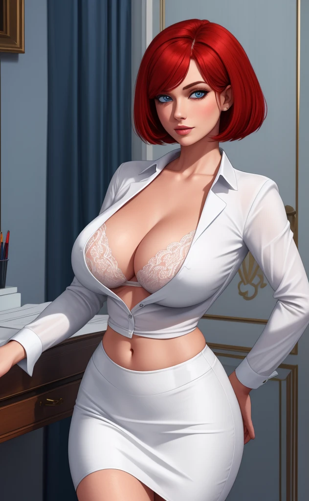 white silk shirt, deep v neck, business suit, red lace bra, pencil skirt, Carolyn Dunn, red hair, bob haircut, blue eyes,