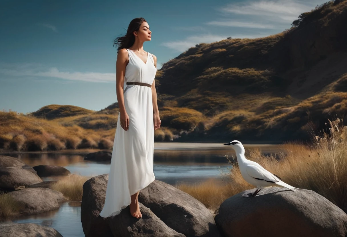 colours chromatic A serene scene captured in this image showcases a woman in a flowing white dress standing gracefully on a rock. In the background, a wild bird is perched, adding a touch of nature to the composition. The color palette includes shades of black, white, and earth tones, creating a harmonious and calming atmosphere. The image evokes a sense of peace and tranquility, with the woman exuding elegance and poise. The setting appears to be outdoors, under a clear sky. Overall, it is a picturesque moment captured in a single frame