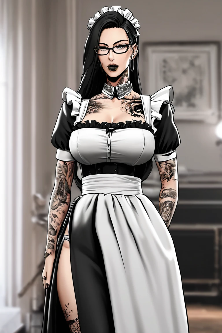 1girl, solo, mature female, dark hair, long flowing black hair, deep striking eyes, beautiful and alluring body, multiple piercings and tattoos, tall and statuesque, wearing glasses, wearing a black and white maid outfit with head maid insignia, elegant, wise, standing in a well-organized and clean room, natural light, managing household tasks, holding a clipboard, focused and calm expression, professional yet sensual appearance, commanding presence, directing other maids in the background. Tattoos: intricate floral tattoo on her left thigh, dragon tattoo wrapping around her right arm, delicate script tattoo on her lower back, lewd tattoo above her groin. Piercings: belly button piercing, ear piercings with multiple studs and hoops. Her expression should convey confidence and authority, emphasizing her role as head maid.