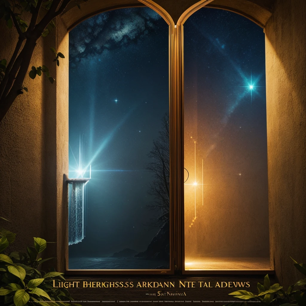Create a beautiful ai ebook cover with title of the book "Light and Shadows" with subtitle "A tale of dual realities" with 5 starswritten by K Sudheendra Nayak