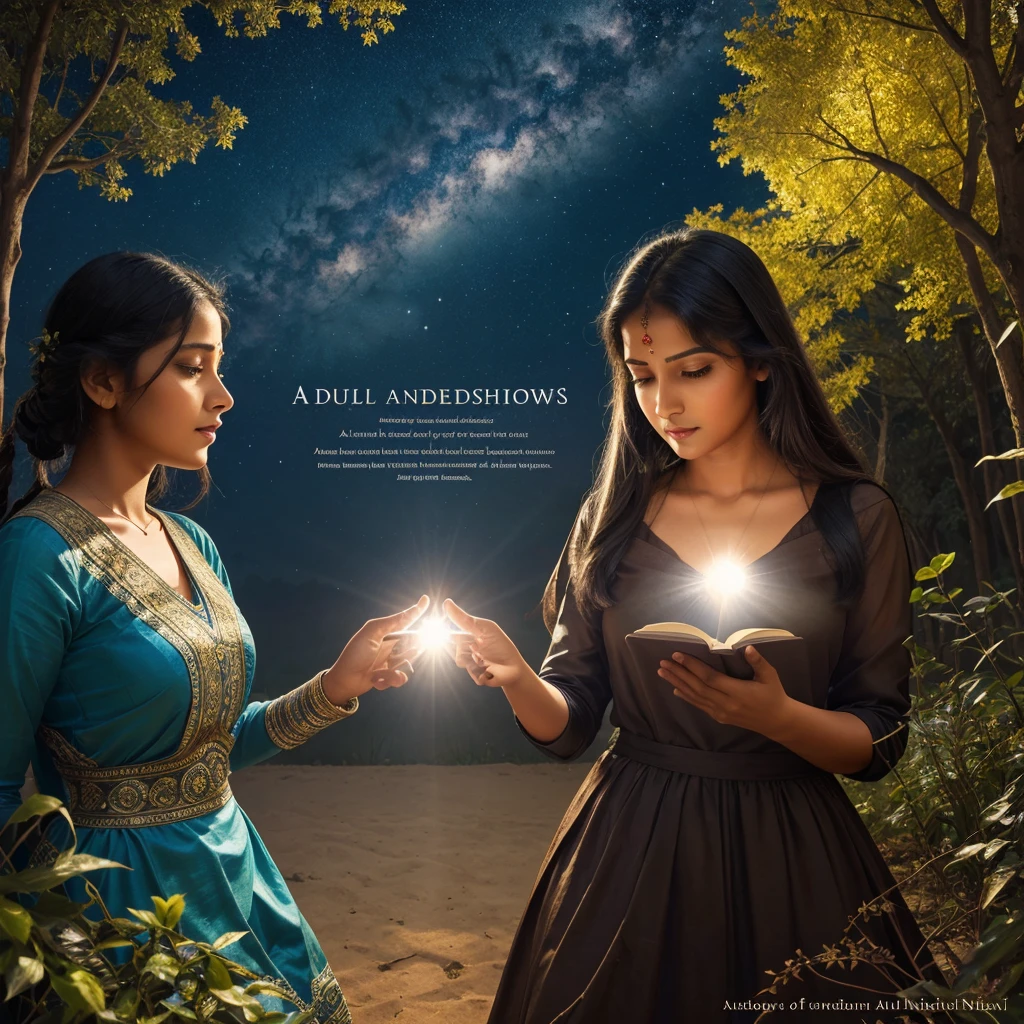Create a beautiful ai ebook cover with title of the book "Light and Shadows" with subtitle "A tale of dual realities" with 5 starswritten by K Sudheendra Nayak