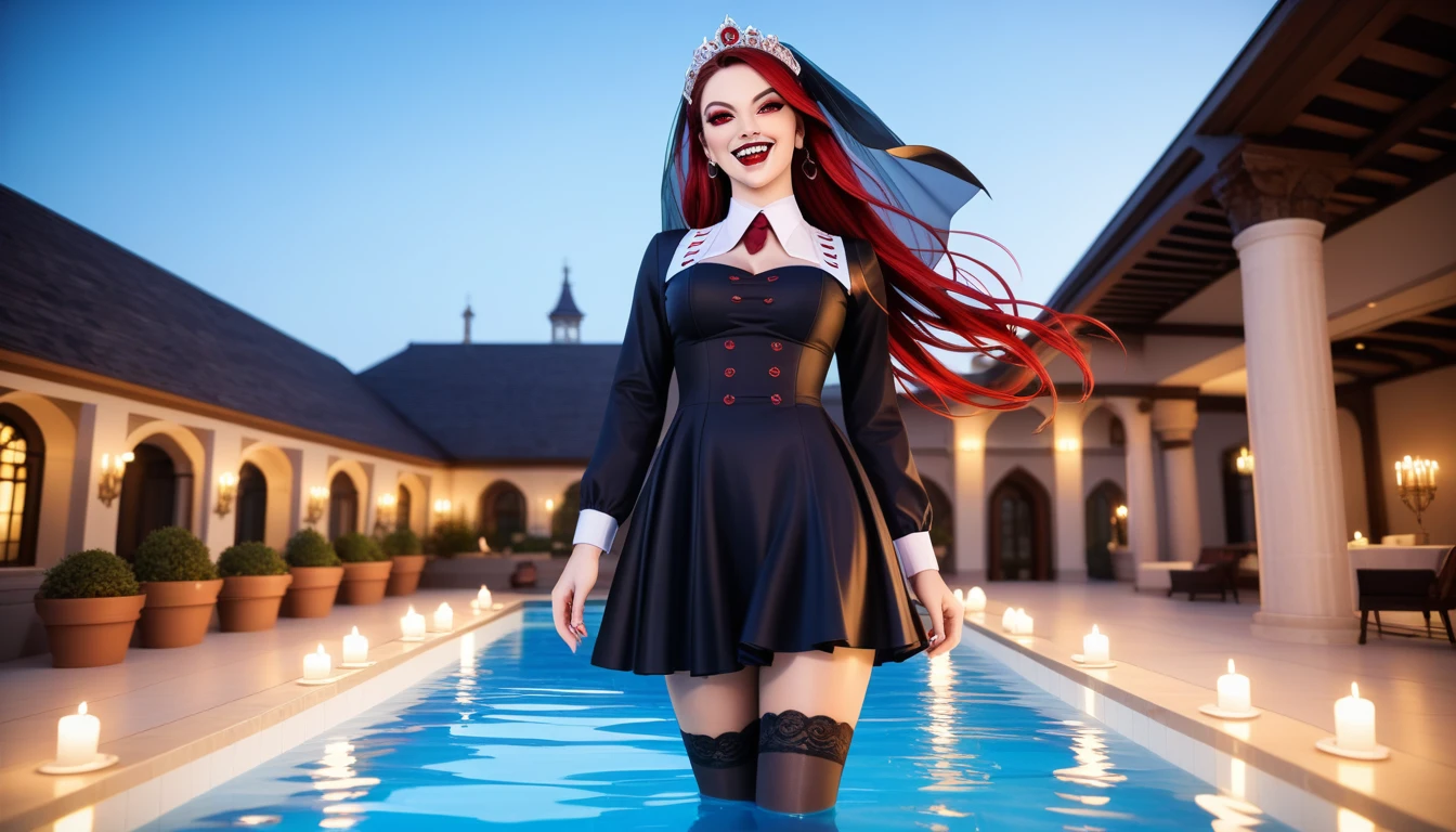 a picture of a female vampire in an infinity pool of blood watching the city at night, (Masterpiece, intense details: 1.5 ), exquisite, dreadful beautiful vampire, (long blond hair: 1.3), intense red eyes, glowing eyes, evil smile, fangs, busty sitting near a large infinity pool of dark ((red blood: 1.2)) there are  stone steps leading to the pool, lit by candles, elegant pool rim, (falls of blood fill the pool: 1.3), there is a crystal glass of wine near the vampire, she is wearing glamour black bathing suit, high detail, Conceptual art, Realism, cinematic lighting, moon light, reflection light, from side, panorama, ((anatomically correct:1.5))Ultra-Wide Angle, Wide-Angle, award winning, best quality, high quality, high details, highres, vibrant, Ultra-high resolution, High Contrast, (masterpiece:1.5), highest quality, Best aesthetics), best details, best quality, highres, ultra wide angle, 16k, [ultra detailed], masterpiece, best quality, (extremely detailed), Blood_Covered, vampire teeth, hud_s1n, short black dress, long sleeves, veil, thighhighs