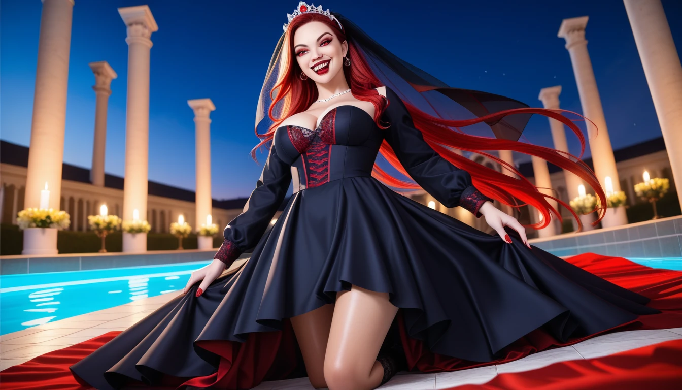 a picture of a female vampire in an infinity pool of blood watching the city at night, (Masterpiece, intense details: 1.5 ), exquisite, dreadful beautiful vampire, (long blond hair: 1.3), intense red eyes, glowing eyes, evil smile, fangs, busty sitting near a large infinity pool of dark ((red blood: 1.2)) there are  stone steps leading to the pool, lit by candles, elegant pool rim, (falls of blood fill the pool: 1.3), there is a crystal glass of wine near the vampire, she is wearing glamour black bathing suit, high detail, Conceptual art, Realism, cinematic lighting, moon light, reflection light, from side, panorama, ((anatomically correct:1.5))Ultra-Wide Angle, Wide-Angle, award winning, best quality, high quality, high details, highres, vibrant, Ultra-high resolution, High Contrast, (masterpiece:1.5), highest quality, Best aesthetics), best details, best quality, highres, ultra wide angle, 16k, [ultra detailed], masterpiece, best quality, (extremely detailed), Blood_Covered, vampire teeth, hud_s1n, short black dress, long sleeves, veil, thighhighs