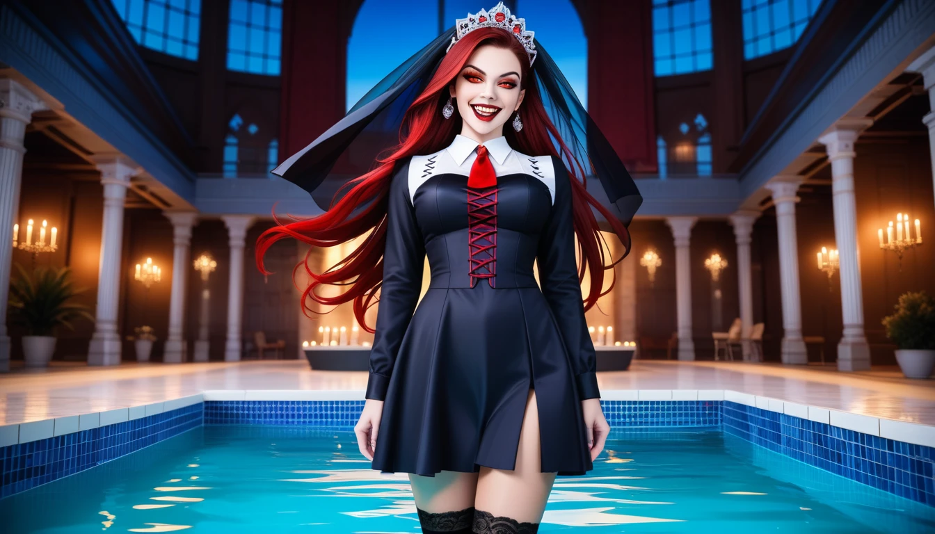 a picture of a female vampire in an infinity pool of blood watching the city at night, (Masterpiece, intense details: 1.5 ), exquisite, dreadful beautiful vampire, (long blond hair: 1.3), intense red eyes, glowing eyes, evil smile, fangs, busty sitting near a large infinity pool of dark ((red blood: 1.2)) there are  stone steps leading to the pool, lit by candles, elegant pool rim, (falls of blood fill the pool: 1.3), there is a crystal glass of wine near the vampire, she is wearing glamour black bathing suit, high detail, Conceptual art, Realism, cinematic lighting, moon light, reflection light, from side, panorama, ((anatomically correct:1.5))Ultra-Wide Angle, Wide-Angle, award winning, best quality, high quality, high details, highres, vibrant, Ultra-high resolution, High Contrast, (masterpiece:1.5), highest quality, Best aesthetics), best details, best quality, highres, ultra wide angle, 16k, [ultra detailed], masterpiece, best quality, (extremely detailed), Blood_Covered, vampire teeth, hud_s1n, short black dress, long sleeves, veil, thighhighs