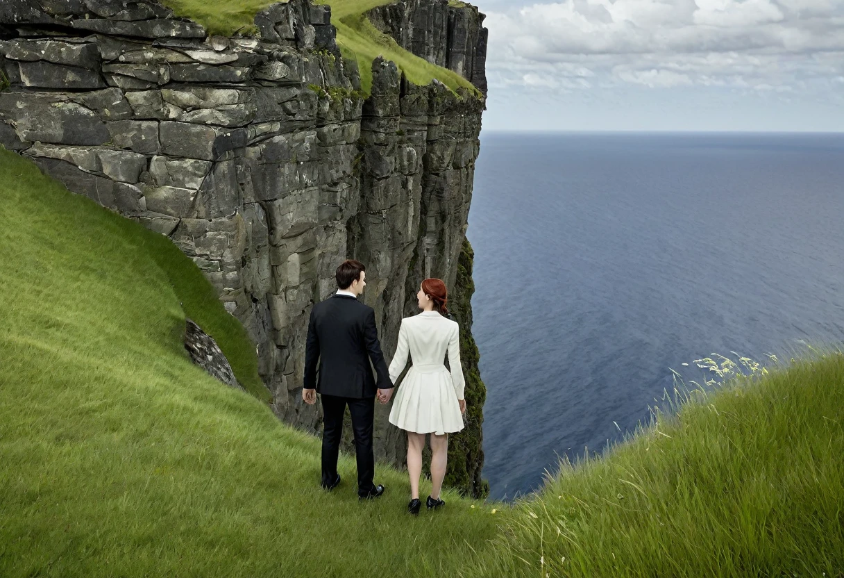 a woman and a man standing hold hands at the edge of a cliff with green grass, ciel rosée dramatique par Seb McKinnon