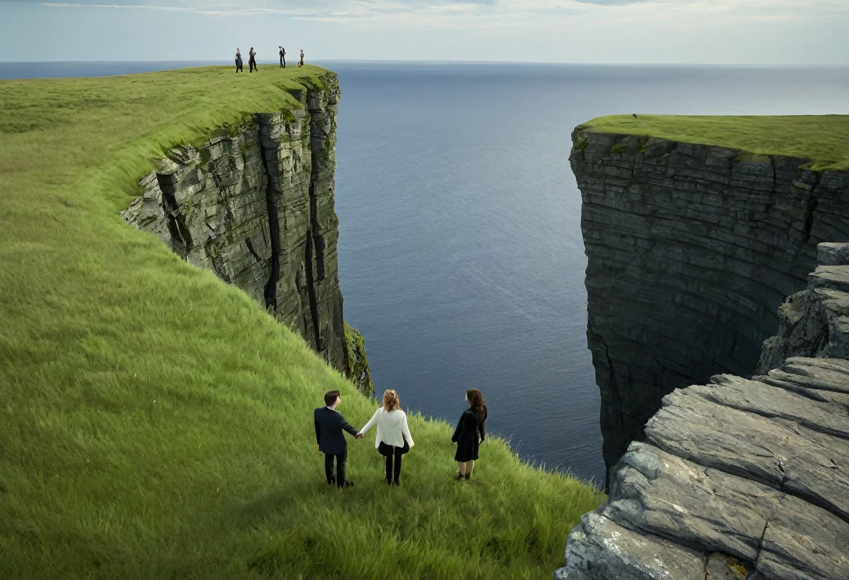 a woman and a man standing hold hands at the edge of a cliff with green grass, ciel rosée dramatique par Seb McKinnon