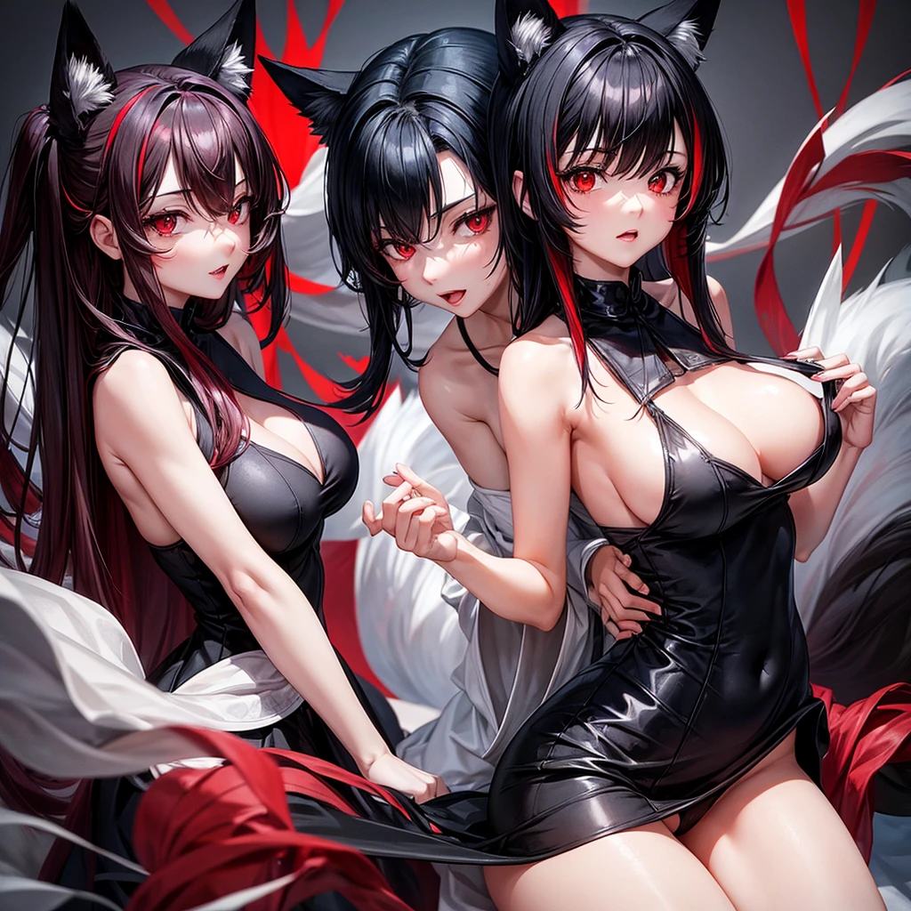 Female fox alone without anyone together, wears a short black maid dress showing her panties, has long black fuzzy hair with red highlights, has red eyes, has big breasts.