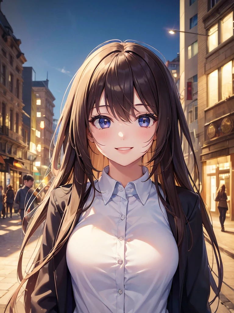 (masterpiece:1.5),(Beat quality),(high res),1girl solo,beautiful face,smile(shining eyes),upper body,light effects,Plainclothes woman,In the city during the day