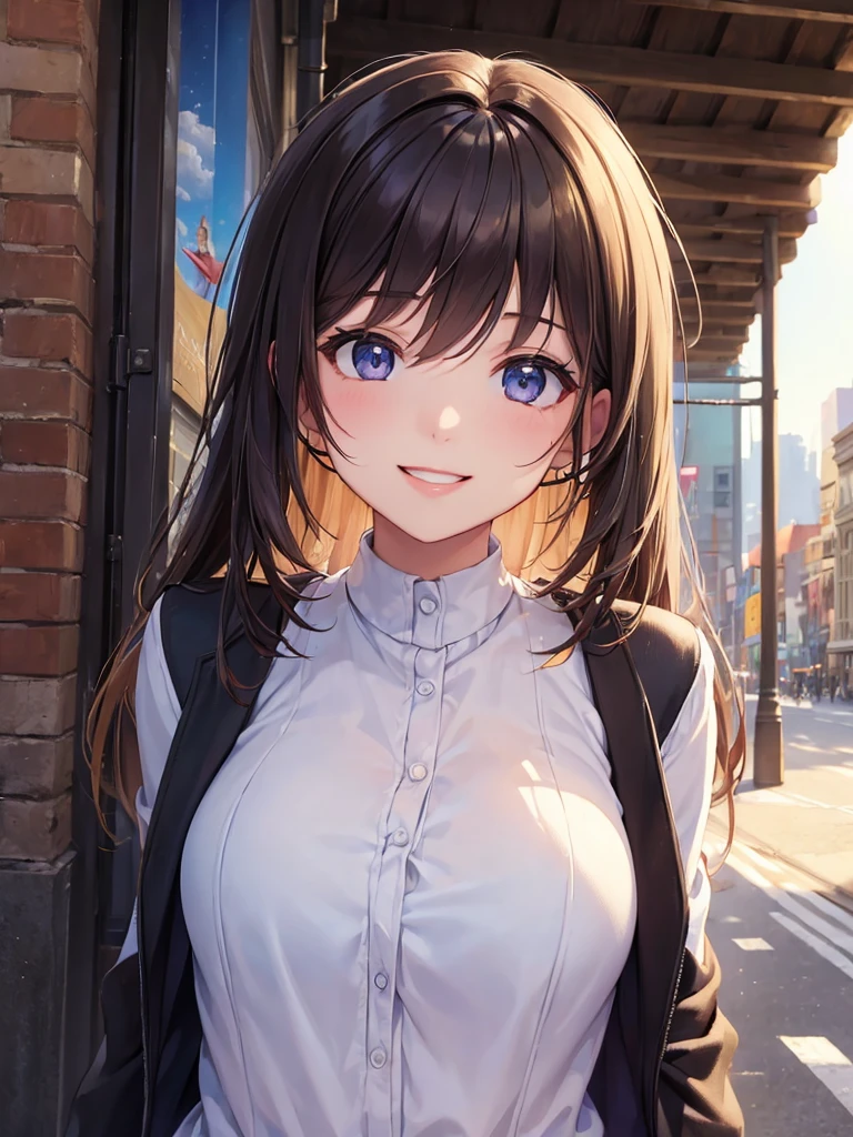 (masterpiece:1.5),(Beat quality),(high res),1girl solo,beautiful face,smile(shining eyes),upper body,light effects,Plainclothes woman,In the city during the day