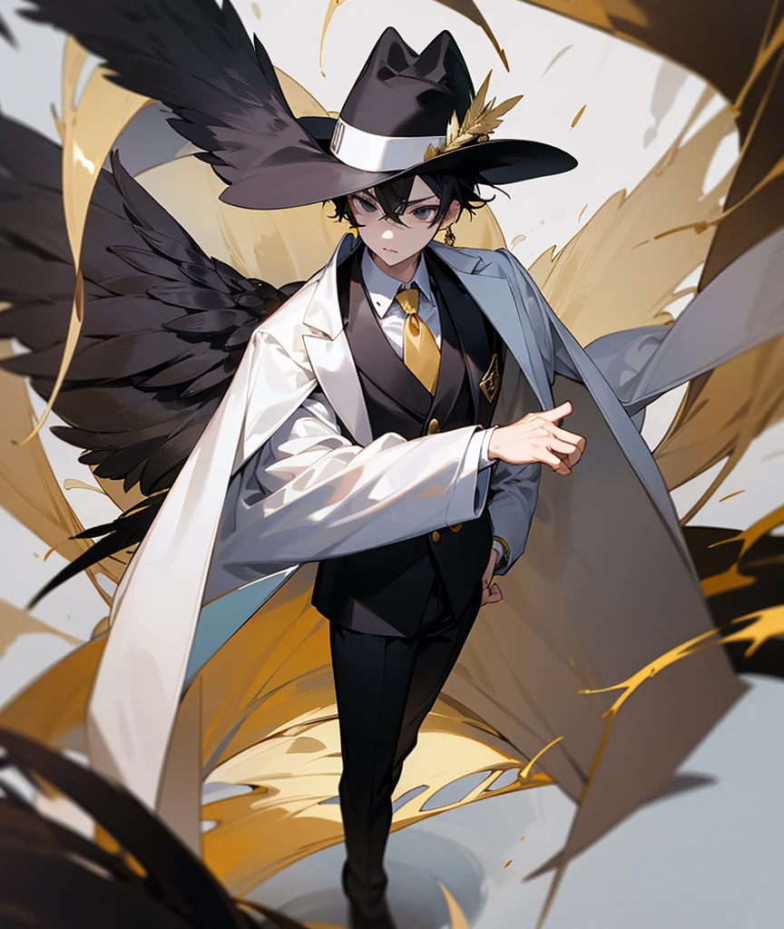 Masterpiece, children, boys, pale skin, black eyes, black hair, white shirt, black suits, black trousers, black shoes, white long jacket with gold bars on the shoulders, black short robe with feathers, black and white fedora hat, red riversible stole, sharp gaze