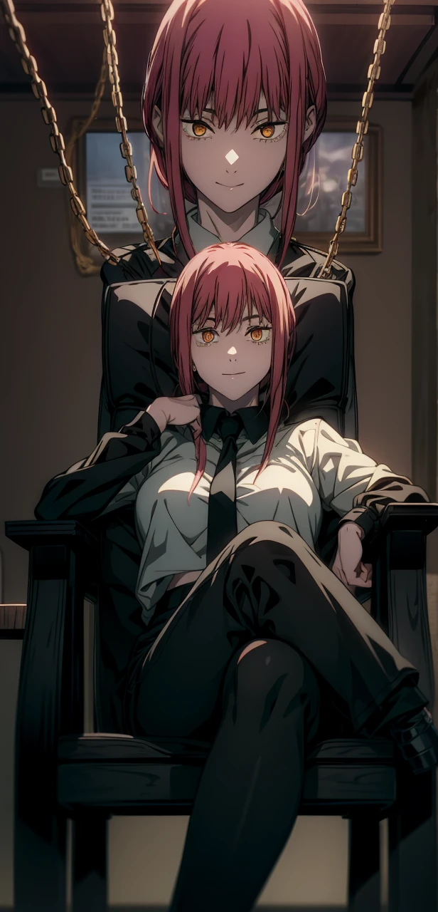 Makima, ringed eyes, light-red hair, braided ponytail, bangs, glowing yellow eyes, sidelocks, long hair, white polo uniform, 1girl, black leggings, sitting on the chair, elegant black chair, solo, bangs, red glowing chains in the background, looking_at_viewer, shadow, smirking, legs crossed, (shaded face:1.2), hollow eyes, ringed eyes, yellow eyes, looking at viewer, heavy breathing, seductive smile, lips, hood, "glow effects, godrays, Hand drawn, render, 8k, octane render, cinema 4d, blender, dark, atmospheric 4k ultra detailed, cinematic, Sharp focus, big depth of field, Masterpiece, colors, 3d octane render, 4k, concept art, trending on artstation, hyperrealistic, Vivid colors, extremely detailed CG unity 8k wallpaper, trending on CGSociety, Intricate, High Detail, dramatic"