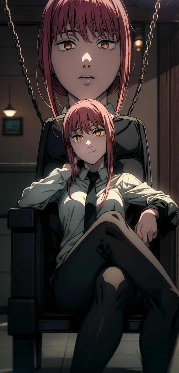 Makima, ringed eyes, light-red hair, braided ponytail, bangs, glowing yellow eyes, sidelocks, long hair, white polo uniform, 1girl, black leggings, sitting on the chair, elegant black chair, solo, bangs, red glowing chains in the background, looking_at_viewer, shadow, smirking, legs crossed, (shaded face:1.2), hollow eyes, ringed eyes, yellow eyes, looking at viewer, heavy breathing, seductive smile, lips, hood, "glow effects, godrays, Hand drawn, render, 8k, octane render, cinema 4d, blender, dark, atmospheric 4k ultra detailed, cinematic, Sharp focus, big depth of field, Masterpiece, colors, 3d octane render, 4k, concept art, trending on artstation, hyperrealistic, Vivid colors, extremely detailed CG unity 8k wallpaper, trending on CGSociety, Intricate, High Detail, dramatic"